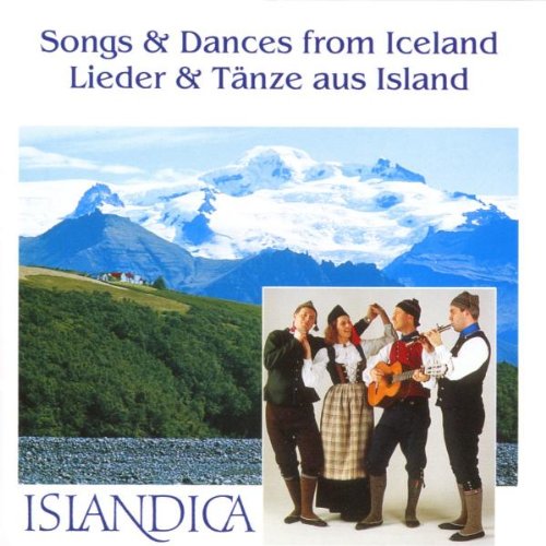"CD cover featuring Icelandic landscape and traditional dancers in folk attire."
