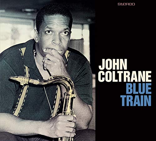 "Album cover with John Coltrane holding a saxophone, black background, and title text."