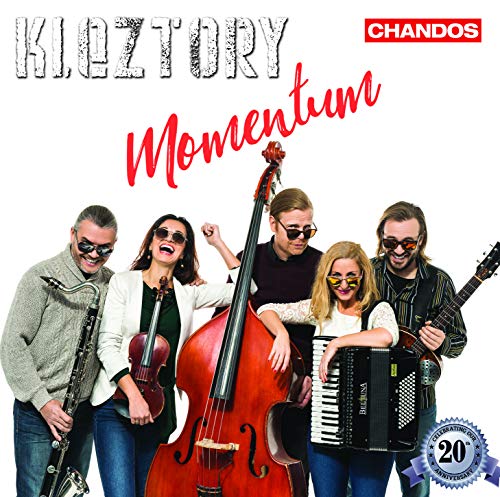CD cover featuring Kleztory, a six-person klezmer band with instruments.