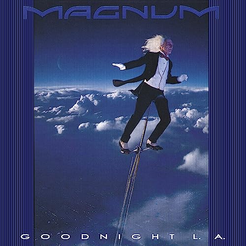 A man in a tuxedo balances on a thin pole above clouds at night.