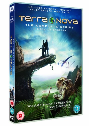 "Terra Nova DVD box set with prehistoric scene and two silhouetted figures on a cliff."