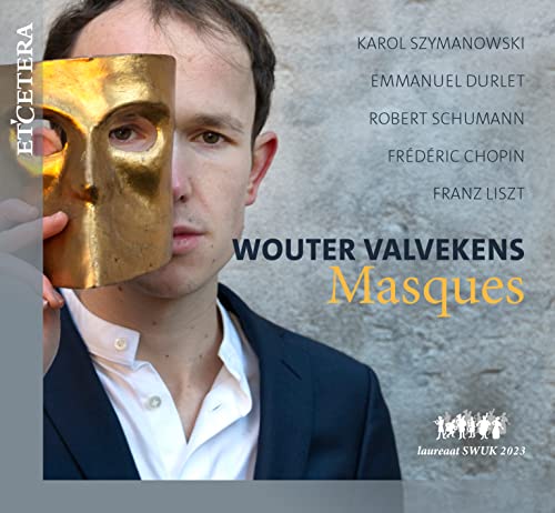 CD cover: Man holding a golden mask, with composer names listed.