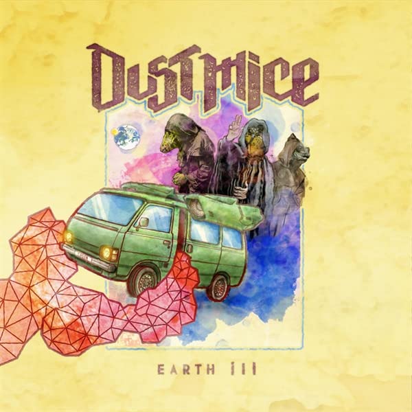 CD cover for Dust Mice’s “Earth III” featuring hooded figures and a van.