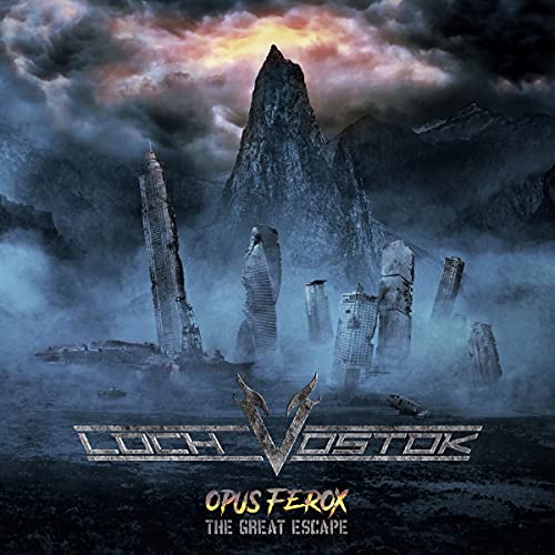 Album cover: dystopian cityscape amidst mountains, with band name "Loch Vostok".