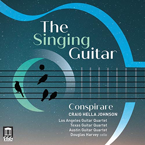 The image depicts a CD cover for "The Singing Guitar" by Craig Hella Johnson. * The cover features a dark blue background with a lighter blue wave-like design at the top and a staff with three birds perched on it. * The title "The Singing Guitar" is prominently displayed in large, light green text at the top of the image. * Below the title, the names of the performers are listed: "Conspirare" and "Craig Hella