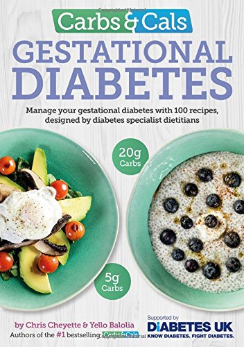 "Book cover with 'Carbs & Cals Gestational Diabetes' title and images of healthy meals."