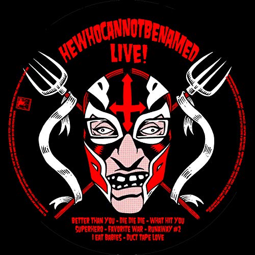 Split vinyl record cover featuring a white luchador mask with red accents.