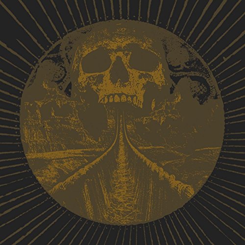 The image depicts a vinyl record cover with a dark, distressed design featuring a skull. alt text: "Vinyl record cover with gold skull and railroad tracks on dark background."