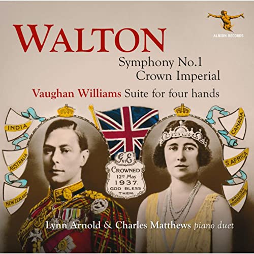 CD cover featuring portraits, flags, and crowns with text: "Walton" and composer names.