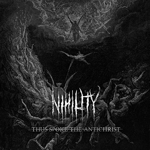 Black and white illustration of figures in a chaotic, hellish landscape.