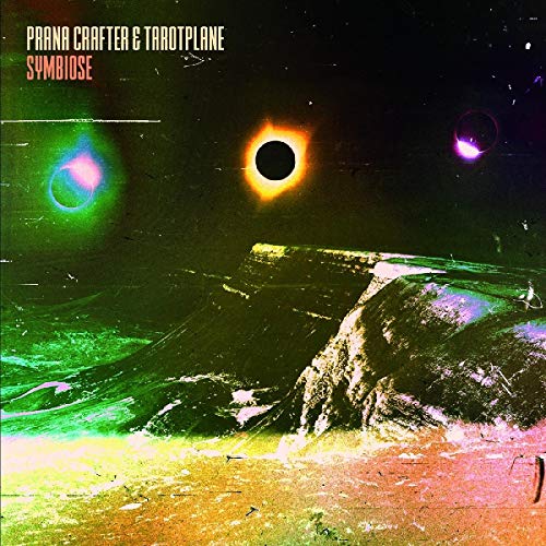 "Album cover art featuring a planet with three moons, colorful, abstract, space scene."
