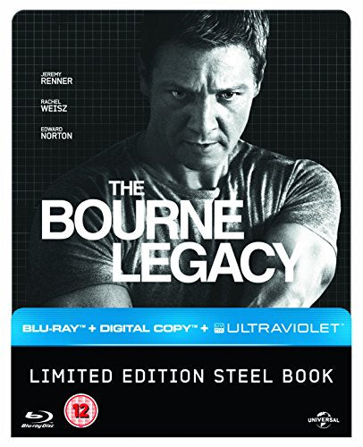 "The Bourne Legacy" Blu-ray cover featuring Jeremy Renner with crossed arms, grid background.