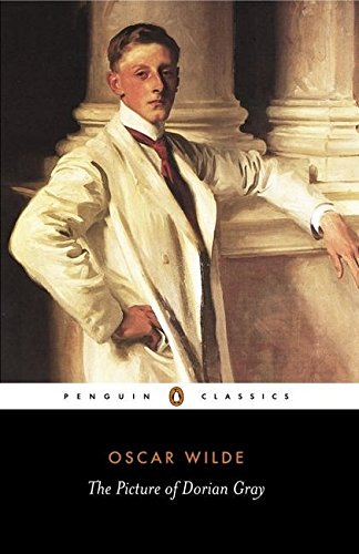 "Book cover of 'The Picture of Dorian Gray' featuring a man in a white suit."