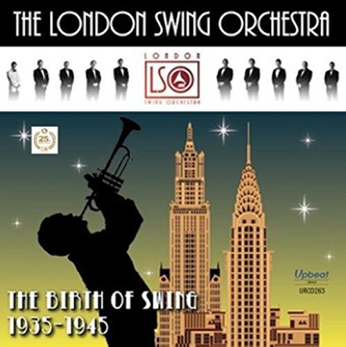 "Album cover with silhouette of trumpeter, cityscape, and nine suited men at the top."