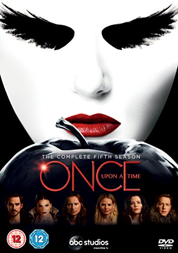 "Once Upon a Time Season 5 DVD cover featuring a woman's face and a poisoned apple."
