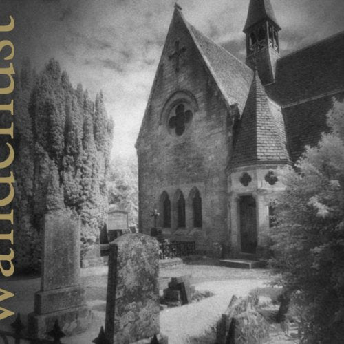 Black and white image of a church and graveyard, with "Wanderlust" text on the left.