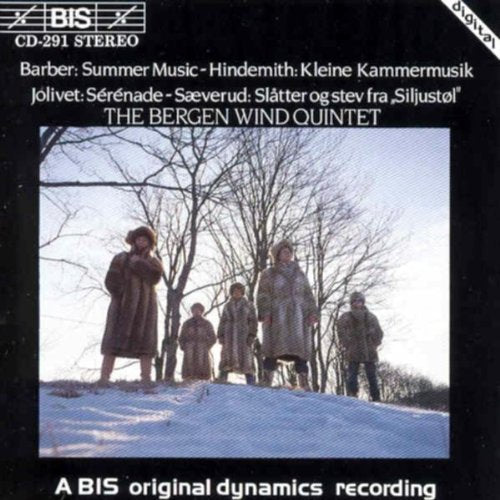 "CD cover with five musicians in coats standing in a snowy landscape."