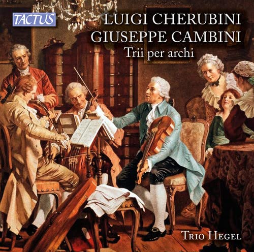 Classical painting of musicians with string instruments, album cover for Trio Hegel.