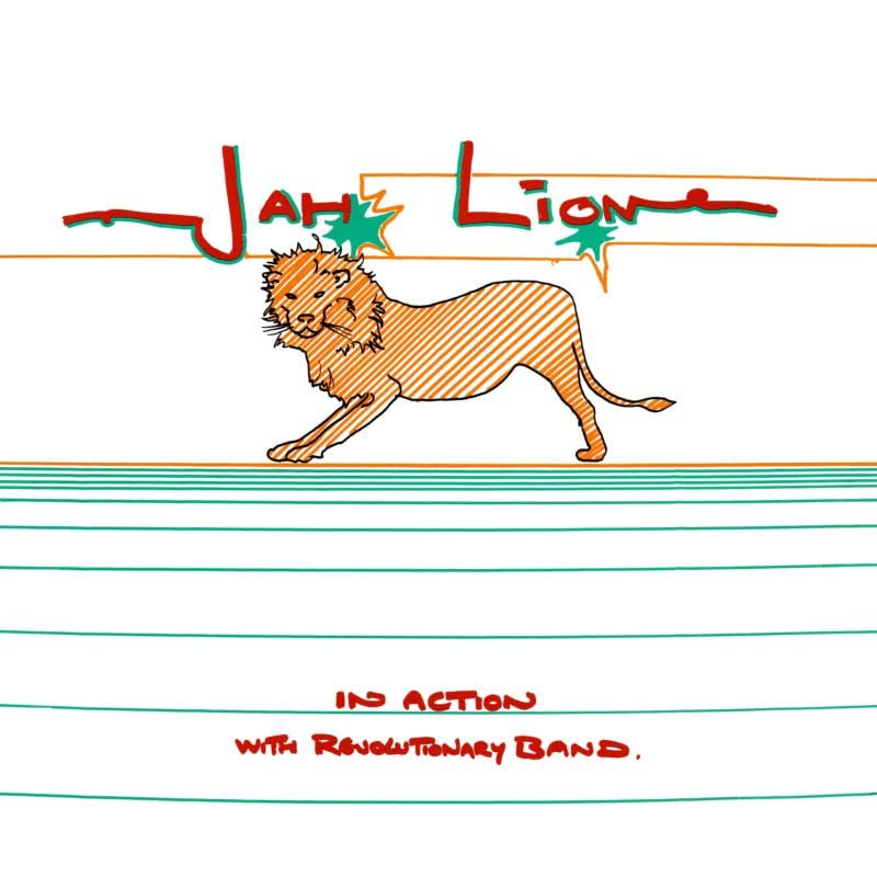 Orange line-drawing of a lion with text "Jah Lion" and "In Action.