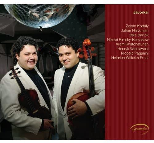 CD cover featuring two smiling violinists under a disco ball.