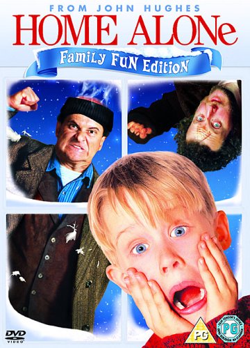 "Home Alone DVD cover featuring a scared boy and two burglars."