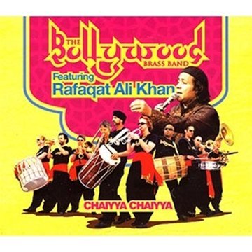 "Album cover featuring a man singing with a brass band on a yellow background."