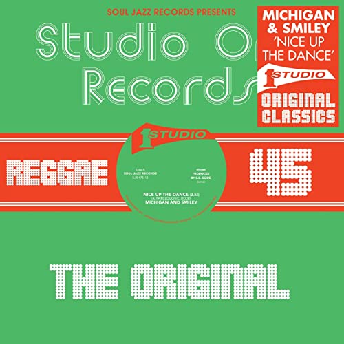 Green vinyl record label with white text: “Michigan & Smiley - Nice Up The Dance”.