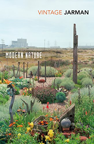 "Book cover featuring a garden with flowers and industrial background, titled 'Modern Nature'."