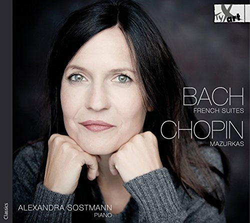 Alexandra Sostmann portrait, pianist, with "BACH-CHOPIN" text overlay.