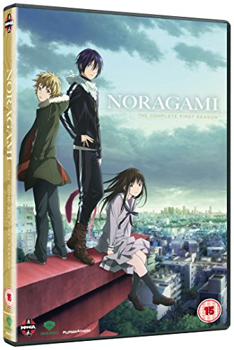 DVD case for "Noragami" featuring three anime characters on a rooftop.