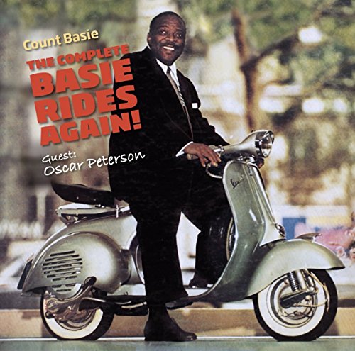 Count Basie on a vintage scooter, album cover for "Basie Rides Again.