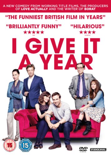 DVD cover for "I Give It A Year" with six actors on a red sofa.