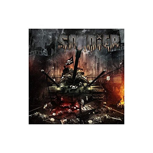 Album cover: Tank in a ruined city with a skull and crossbones flag.
