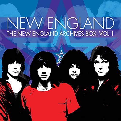 "CD box cover featuring the band New England with four members and star emblem."