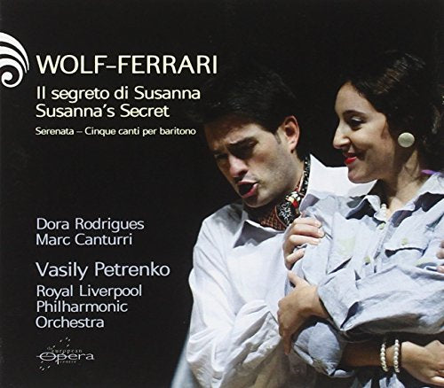 "CD cover with man and woman, opera title, and artist names on black background."