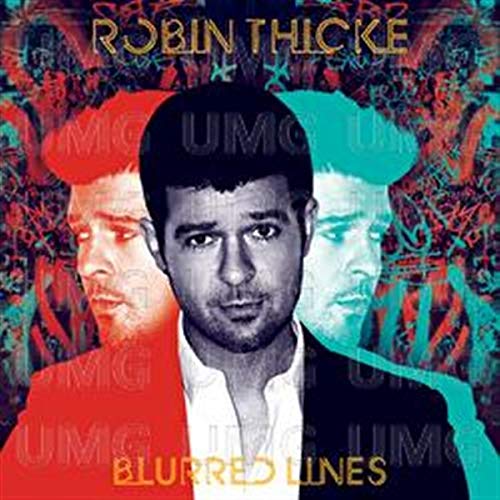 Robin Thicke "Blurred Lines" CD cover with blurred, colorful portraits.