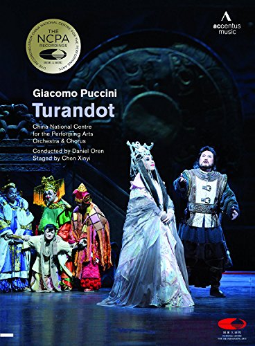 DVD cover for Puccini's "Turandot" featuring a woman in a white gown and crown.