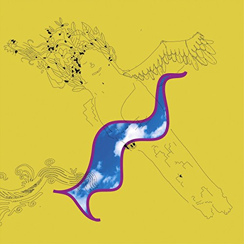 Line drawing of a winged figure on a yellow background with a sky cutout.
