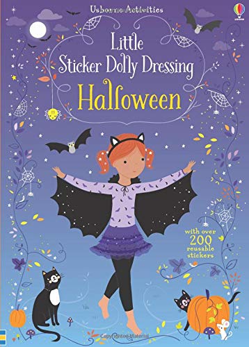 "Children's activity book cover featuring a girl in a Halloween costume surrounded by Halloween elements."
