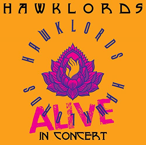 "Orange album cover with lotus flower and 'Hawklords Alive in Concert' text."