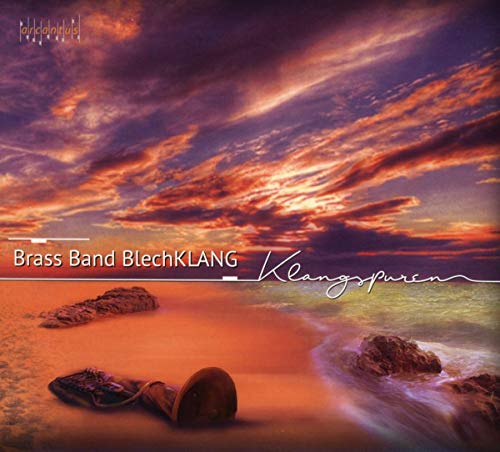 "CD cover featuring a serene beach scene at sunset with a tuba on the sand."