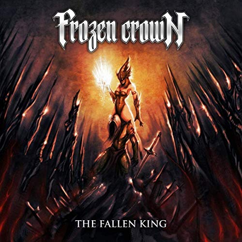 Fantasy album cover: armored figure with sword amidst dark, spiky landscape.