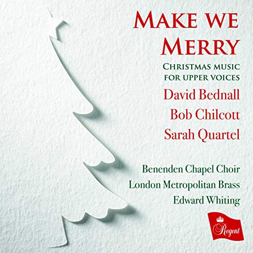 Christmas CD cover with a white tree and red title "Make We Merry".