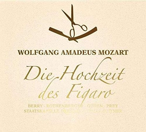 "CD cover with beige background, brown scissors, and gold text featuring Mozart's name."