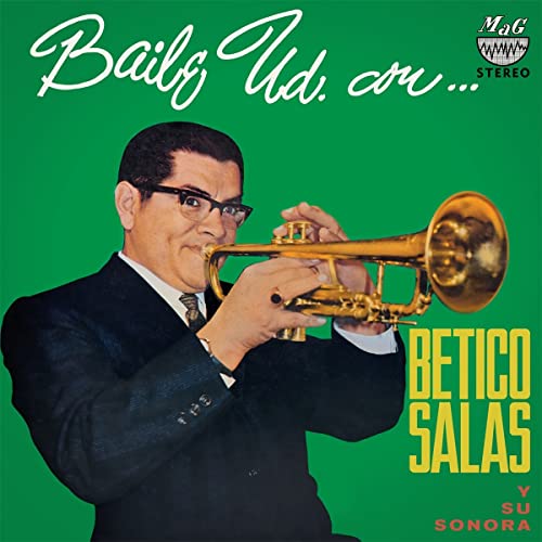 Betico Salas playing a golden trumpet on a green album cover.