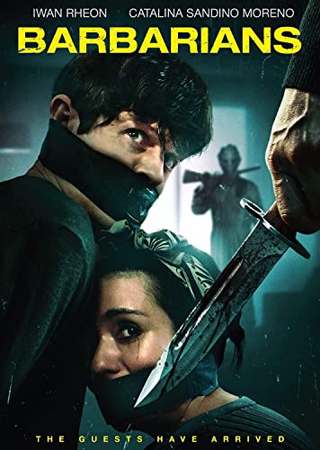 āBarbariansā DVD cover: a man threatens a woman with a knife.