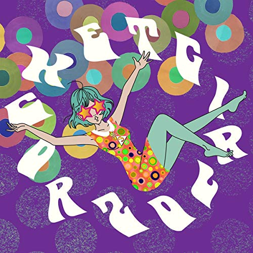 Colorful illustration of a woman falling amidst circles and stylized text.