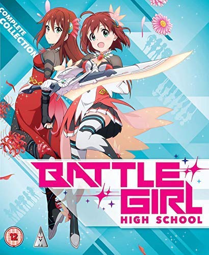 Two anime girls in battle gear hold a sword on a blue background.