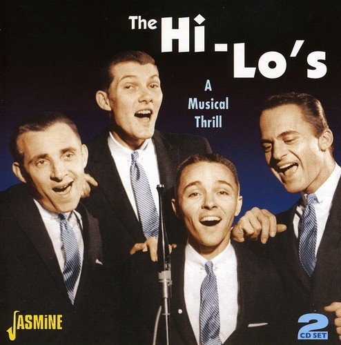 "CD cover of The Hi-Lo's, featuring four men singing into a microphone."