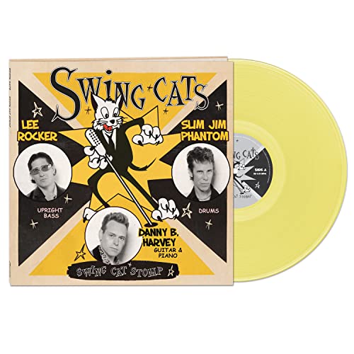 Swing Cats" vinyl record with yellow disc and cover featuring musicians’ portraits.